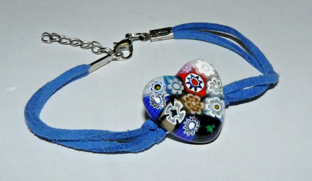 Murano Glass Millefiori Heart Bracelet Blue with extender 7.25-8.25"